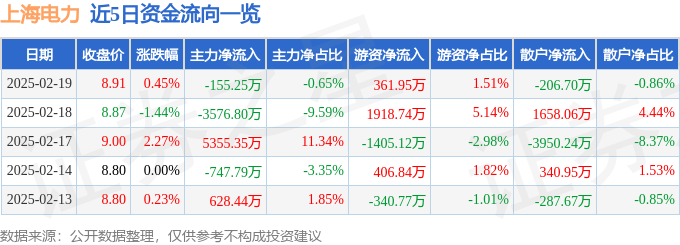 股票行情快报：上海电力（600021）2月19日主力资金净卖出155.25万元