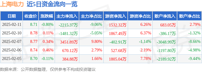 股票行情快报：上海电力（600021）2月11日主力资金净卖出2215.37万元