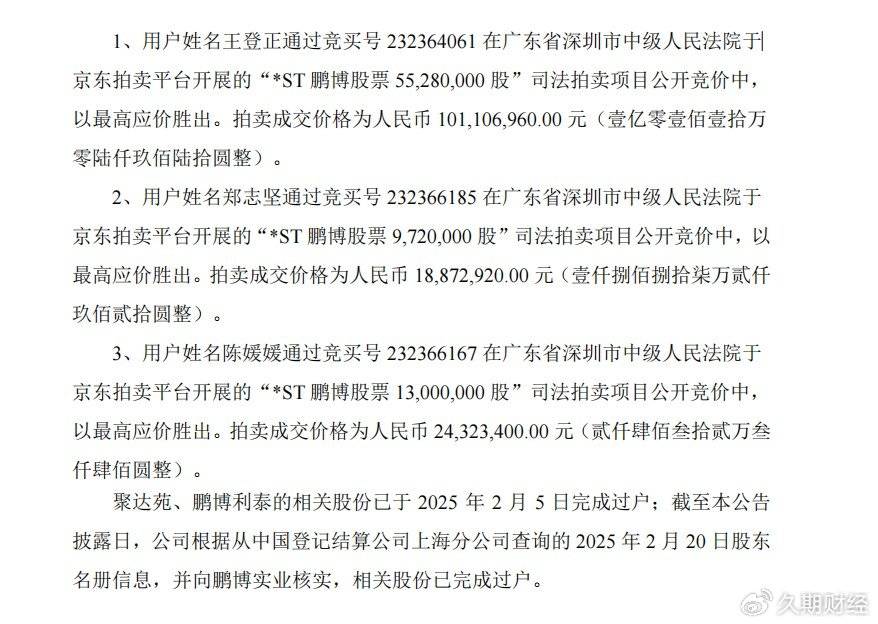 鹏博士集团：公司股东鹏博实业股份被司法拍卖部分完成过户