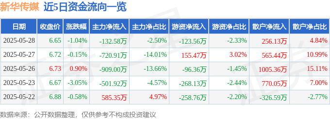 股票行情快报：新华传媒（600825）5月28日主力资金净卖出132.58万元