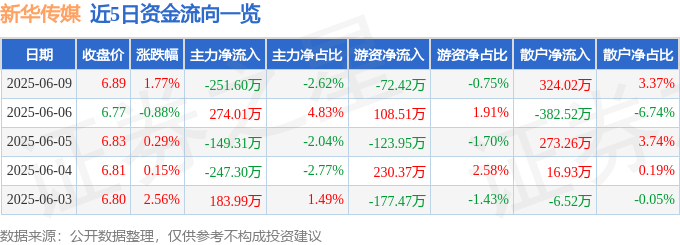 股票行情快报：新华传媒（600825）6月9日主力资金净卖出251.60万元