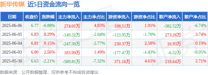 股票行情快报：新华传媒（600825）6月6日主力资金净买入274.01万元