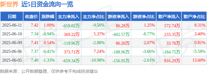 股票行情快报：新世界（600628）6月11日主力资金净卖出659.02万元