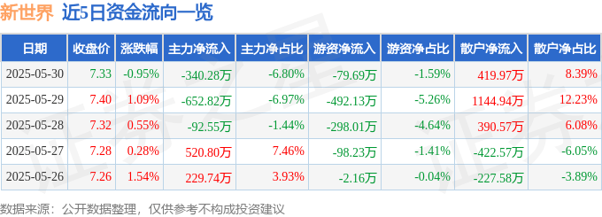 股票行情快报：新世界（600628）5月30日主力资金净卖出340.28万元