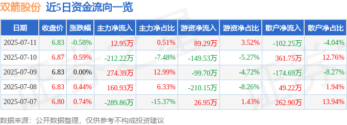 股票行情快报：双箭股份（002381）7月11日主力资金净买入12.95万元