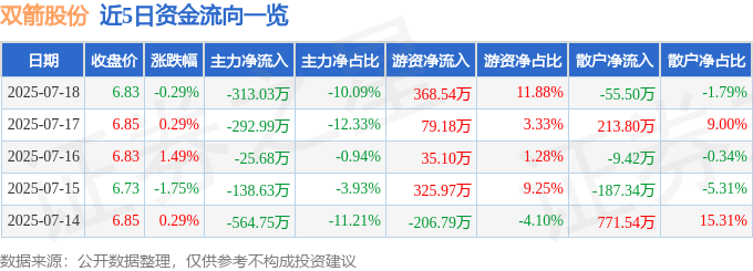 股票行情快报：双箭股份（002381）7月18日主力资金净卖出313.03万元